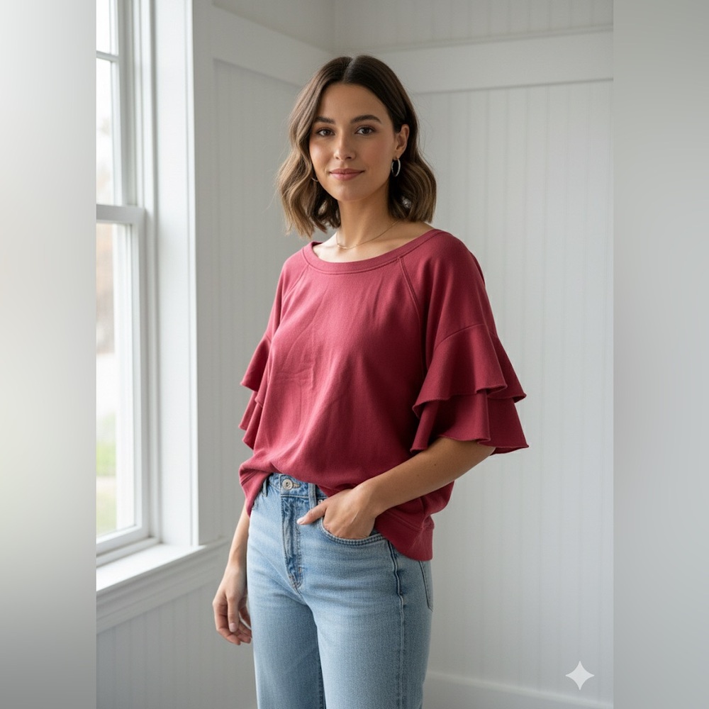 ANTHROPOLOGIE Saturday Sunday Ellie Ruffle Short Sleeve Sweatshirt Top Size L